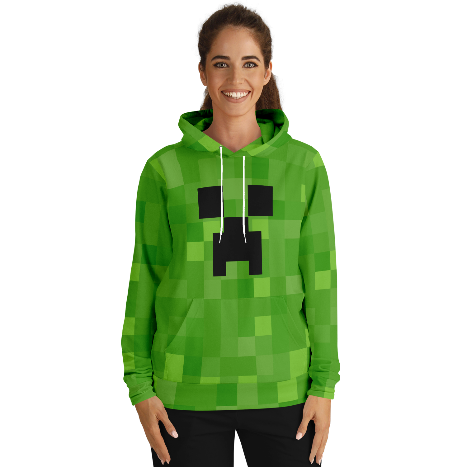 Minecraft Creeper Face Long Sleeve Black Youth Hooded Sweatshirt-XS